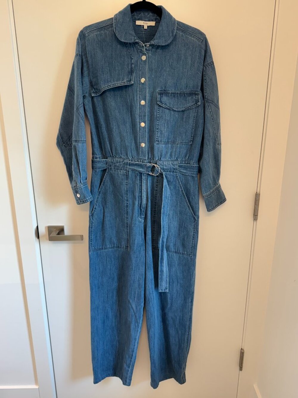 Tibi Blue Denim Belted Utility Jumpsuit Boiler Suit
